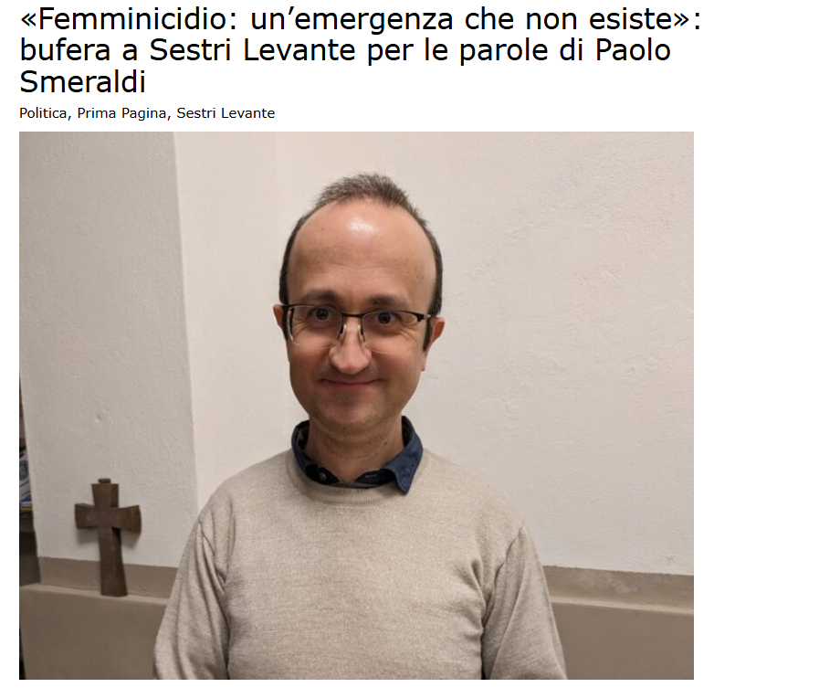 Paolo Smeraldi ritratto accanto a un crocifisso dopo le dichiarazioni sul femminicidio a Sestri Levante